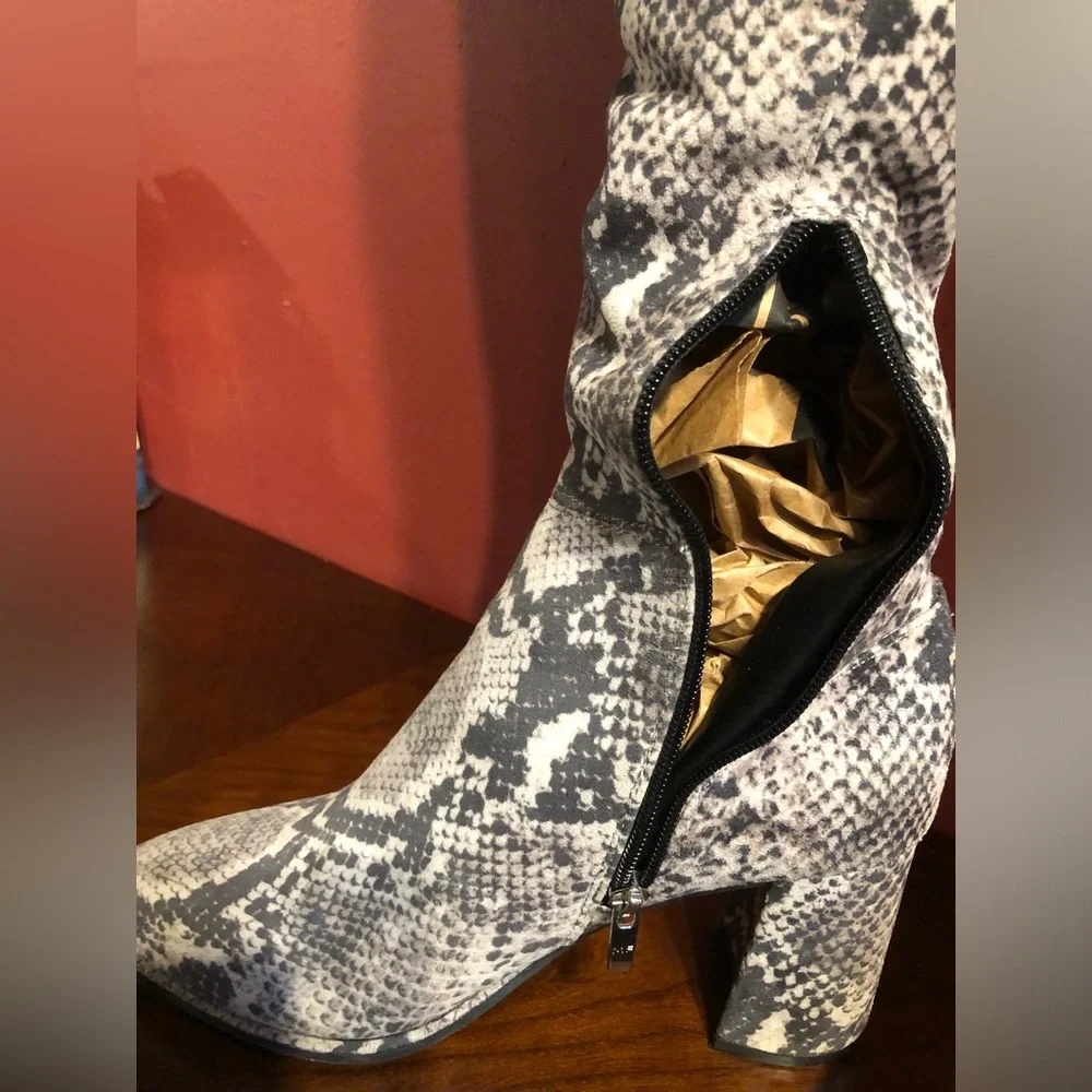 Snake-Print Over-the-Knee Block Heel Boots - Women
